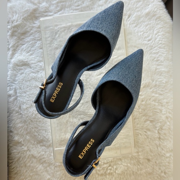 EXPRESS Denim Gold Heel Slingback Pumps. - Picture 7 of 9